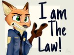 anthro black_pawpads brown_body brown_fur clothing dipstick_ears ear_markings fur green_eyes male multicolored_ears necktie orange_body orange_fur pawpads police police_uniform shirt simple_background solo teeth text topwear uniform bubblecop disney zootopia nick_wilde canid canine fox mammal red_fox true_fox english_text hi_res signature