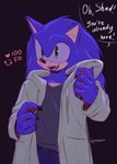 anthro bandage blue_body blue_fur blue_quills clothed clothing colored_nails dialogue fur jacket male nails quills_(anatomy) solo text topwear hauringu sega sonic_the_hedgehog_(series) sonic_the_hedgehog eulipotyphlan hedgehog mammal 2023 english_text hi_res watermark