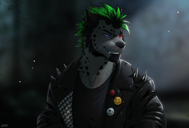 anthro biped clothed clothed_anthro clothed_male clothing ear_piercing front_view fur hair jacket male markings piercing smile solo spots spotted_body spotted_fur teeth topwear lesspie felid mammal pantherine snow_leopard 2026 digital_drawing_(artwork) digital_media_(artwork)