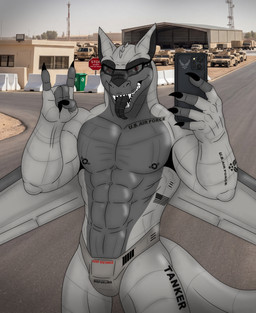 air_force aircraft american_flag anthro claws eyewear machine male metallic_body military selfie solo sunglasses teeth tongue united_states_of_america vehicle nicolasthewolf boeing mythology dragon living_machine living_vehicle mythological_creature mythological_scalie scalie hi_res