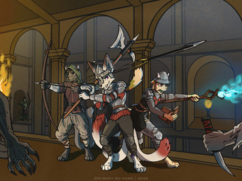 anthro armor attack_pose balaclava bow_(weapon) dark_and_darker dungeon elemental_manipulation fire fire_manipulation grin group magic male mask medieval_architecture medieval_armor medieval_clothing medieval_fantasy ranged_weapon smile staff trio weapon sydney_onmars bovid canid canine caprine domestic_cat felid feline felis fennec_fox fox goat hybrid mammal monster panthera true_fox 4:3 hi_res