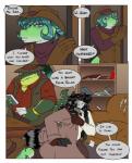 anthro book clothed clothing comic darkpenguin desk dialogue dressing english_text furniture group hair hi_res inside jewelry julius_(darkpenguin) landon_(darkpenguin) lizard male open_mouth otis_(darkpenguin) paper red_eyes reptile scalie sofa table teeth text yellow_eyes