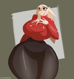 amber_eyes anthro big_breasts breasts clothing curvy_figure female floppy_ears fur hair hair_over_eye hand_on_breast hourglass_figure huge_breasts huge_thighs hyper hyper_thighs lop_ears solo thick_thighs tight_clothing white_body white_fur hiverdose last_fables eni_siverets_(last_fables) hare lagomorph leporid mammal hi_res
