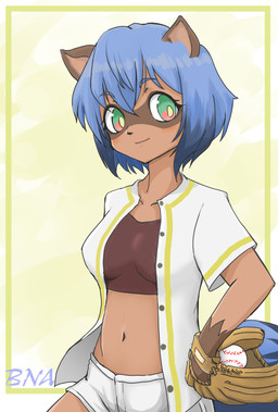 anthro ball baseball_(ball) baseball_glove baseball_uniform blue_body blue_fur blue_hair breasts brown_body brown_fur clothed clothing female fluffy fluffy_tail fur hair holding_object jacket kemono looking_at_viewer medium_breasts navel smile solo sportswear tail teal_eyes topwear uniform jkzzh4y3hlu3ijo brand_new_animal studio_trigger michiru_kagemori canid canine mammal raccoon_dog tanuki 2020 hi_res portrait three-quarter_portrait