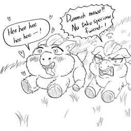 ambiguous_feral ambiguous_gender angry aroused baby_talk blush bodily_fluids cross-popping_vein dialogue duo feral grass hooves jealous laugh mohawk open_mouth plant running saliva snot text tongue tongue_out young young_ambiguous young_feral yellowcottoncandy030 fluffy_pony fluffy_pony_(species) mammal 1:1 2025 digital_media_(artwork) english_text hi_res monochrome