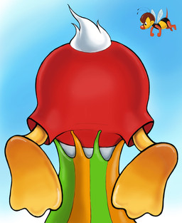 antennae_(anatomy) anthro butt butt_focus clothing duo extreme_size_difference feathers insect_wings looking_at_another's_butt male size_difference smile stinger stuck swimming_trunks swimwear tail tail_feathers umbrella white_body white_feathers wings zdrer456 disney donald_duck spike_the_bee anatid anseriform arthropod avian bee bird duck hymenopteran insect hi_res