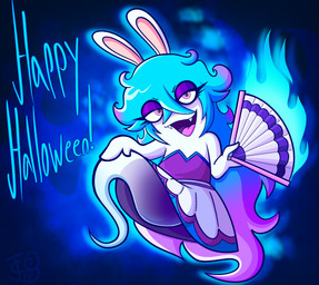 anthro blue_background blue_hair clothed clothed_anthro clothed_female clothing dress eyebrow_through_hair eyebrows eyelashes fangs female fire fur hair half-closed_eyes handwear holding_fan holidays legless light long_ears looking_at_viewer mittens multicolored_hair narrowed_eyes noseless paper_fan purple_clothing purple_dress purple_eyelids purple_eyes purple_hair purple_tongue simple_background smile smiling_at_viewer solo tan_inner_ear teeth text tongue translucent translucent_body translucent_hair two_tone_hair wavy_hair white_body white_fur carbonated-jem halloween mario_bros mario_plus_rabbids_sparks_of_hope nintendo raving_rabbids rayman_(series) ubisoft midnite_(mario_plus_rabbids) ghost hybrid lagomorph mammal rabbid spirit 2025 absurd_res colored crossover digital_drawing_(artwork) digital_media_(artwork) english_description english_text full-length_portrait hi_res lighting portrait shaded signature