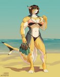 2024 abs anthro arm_tattoo beach big_breasts bikini breasts brown_hair clothing eyewear eyewear_on_head female fish hair holding_beer_bottle legwear marine muscular muscular_female non-mammal_breasts shark sharp_teeth solo stoopix sunglasses sunglasses_on_head swimwear tattoo teeth thigh_highs two-piece_swimsuit under_boob