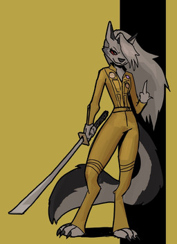 action_pose anthro clothing female gesture hand_gesture jumpsuit katana melee_weapon middle_finger movie_poster movie_reference pose smile solo sword weapon double-zr-tap hellaverse helluva_boss kill_bill mythology loona_(helluva_boss) canid canid_demon canine canis demon hellhound mammal mythological_canine mythological_creature