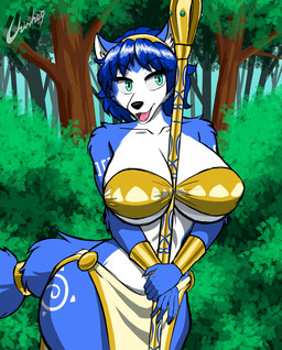 anthro blue_body blue_eyes blue_fur blue_hair breasts ears_up eyebrows eyelashes female forest fur hair looking_at_viewer open_mouth plant smile smiling_at_viewer solo tail teeth teeth_showing tongue tree white_body white_fur chisheq nintendo star_fox krystal_(star_fox) canid canine fox mammal hi_res