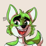 anthro black_nose blush eyebrows fur green_body green_eyes green_fur looking_at_viewer male shading_eyes simple_background smile solo teeth teeth_showing tongue tongue_out whiskers white_body white_fur bonybones fidget_the_fox canid canine fox mammal 1:1 digital_media_(artwork) headshot_portrait icon portrait signature