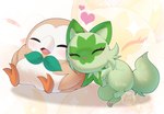 brown_body duo female feral green_body heart_symbol male sleeping sleeping_together purrynx queenpurr nintendo pokemon generation_7_pokemon generation_9_pokemon pokemon_(species) rowlet sprigatito