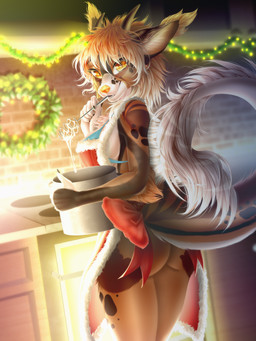anthro breasts butt cooking female food fur holidays horn lights smile solo tail yellow_eyes yellow_nose christmas mythology dragon furred_dragon furred_scalie mythological_creature mythological_scalie scalie 3:4 hi_res
