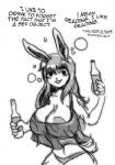 anthro big_breasts breasts clothed clothing dialogue drunk female hair huge_breasts nipples smile solo substance_intoxication text pwcsponson lagomorph leporid mammal rabbit english_text greyscale monochrome