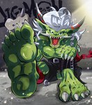 anthro barefoot claws feet foot_focus green_body hair horn humanoid_feet looking_at_viewer male nipples plantigrade scar sharp_teeth soles solo teeth toe_claws tusks white_hair logan_sato bandai_namco digimon digimon_(species) ogremon 2024 absurd_res censored hi_res