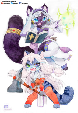 accessory anthro big_breasts biped book breasts chibi choker cleavage clothed clothing cross cross_necklace duo female fur furgonomics hair hammer heterochromia jewelry legwear magic necklace nun open_mouth religion simple_background smile tail tail_accessory tail_jewelry thigh_highs tools warhammer white_background murazaki bible blackberry_(murazaki) felid feline mammal pantherine absurd_res hi_res painting_(artwork) traditional_media_(artwork) traditional_painting_(artwork) traditional_watercolor_(artwork) watercolor_(artwork)