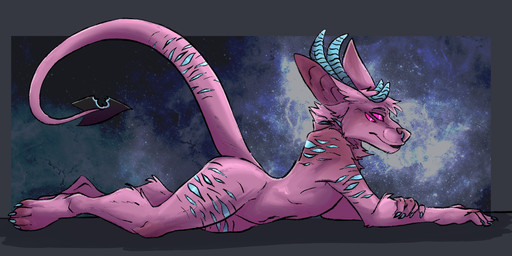 anthro blue_claws claws fur horn lounging male multi_eye multi_horn nude pink_body pink_fur simple_background solo cinnabaron mythology rihkter canid canid_demon canine demon hellhound mammal mythological_canine mythological_creature hi_res