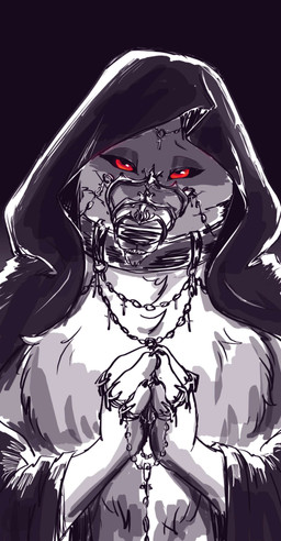 alternate_costume anthro black_background chain claws clothing collar cross facial_markings fuzzy hands_together head_markings hood hood_up jewelry looking_at_viewer male markings mask_(marking) metal muzzle_(object) muzzled nun praying_hands red_eyes religious_clothing simple_background smile solo ultimatellurker dreamworks puss_in_boots_(franchise) death_(puss_in_boots) canid canine canis mammal wolf absurd_res hi_res