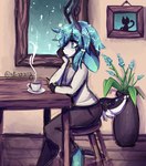 anthro antlers black_bottomwear black_clothing black_pants bottomwear clothing container cup furniture horn painting_(object) pants plant scut_tail short_tail solo sweater table tail topwear anakoluth deer mammal hi_res