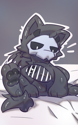 anthro balls bed biped black_balls black_body black_fur black_pawpads black_penis black_sclera bodily_fluids bone bone_mask censor_bar censored_genitalia censored_penis dripping fluffy fluffy_tail fur furniture genital_fluids genitals grey_background half-erect humanoid_genitalia humanoid_penis ineffective_censorship looking_at_genitalia looking_at_own_penis looking_at_penis looking_at_self male male_anthro mask nude_anthro nude_male on_bed outline pawpads paws penis precum precum_drip pupils simple_background sitting skull skull_mask snout solo tail white_outline white_pupils iyy changed_(video_game) puro_(changed) canid canine latex_creature mammal 2026 5:8 absurd_res censored digital_drawing_(artwork) digital_media_(artwork) english_description hi_res