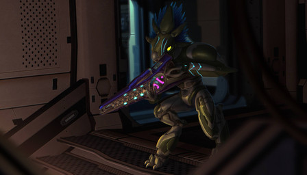 3_fingers 3_toes anthro armor beak beam_rifle blue_body blue_feathers claws digitigrade energy_weapon face_covered feather_hair feathered_crest feathers feet finger_claws fingers full_armor glowing glowing_eyes grey_body gun head_crest headgear helmet holding_gun holding_object holding_ranged_weapon holding_weapon inside male pseudo_hair ranged_weapon solo stairs standing toe_claws toes weapon yellow_eyes stefaink halo_(series) microsoft xbox_game_studios alien avian kig-yar scalie t'vaoan 3d_(artwork) colored digital_media_(artwork) hi_res