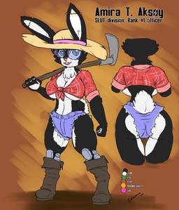 anthro big_breasts biped black_body black_fur boots bottomwear breasts buckteeth butt cheek_tuft clothed clothing countershade_butt countershade_face countershade_fur countershade_torso countershading cybernetic_leg cybernetic_limb denim denim_bottomwear denim_clothing denim_shorts digitigrade ear_piercing eyewear facial_piercing facial_tuft female footwear fur furgonomic_hat furgonomic_headwear furgonomics glasses hat headgear headwear hoe holding_object midriff nose_piercing nose_ring piercing police police_officer red_clothing red_shirt red_topwear ring_piercing round_glasses scut_tail shirt shoes short_tail shorts skimpy solo straw_hat tail teeth text tied_shirt tools topwear tuft wearing_glasses white_body white_countershading white_fur s-nina lagomorph leporid mammal rabbit 2026 character_name hi_res model_sheet
