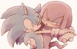 anthro blue_body blue_fur blush bodily_fluids clothing duo fur gloves green_eyes grin hand_holding handwear looking_aside male male/male one_eye_closed red_body red_fur simple_background smile sweat sweatdrop white_background wink sikai sega sonic_the_hedgehog_(series) knuckles_the_echidna sonic_the_hedgehog echidna eulipotyphlan hedgehog mammal monotreme