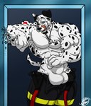 abs animal_genitalia anthro balls big_balls big_biceps big_muscles big_pecs big_sheath black_nose black_spots blue_eyes clothing doorway eyebrows facial_scar firefighter_uniform fur genitals licking licking_lips licking_own_lips looking_at_viewer male markings muscular muscular_anthro muscular_arms muscular_male naughty_face pecs scar sheath spots spotted_body spotted_fur standing tail tongue tongue_out uniform white_body white_fur juano canid canine canis dalmatian domestic_dog mammal 2008 digital_media_(artwork)