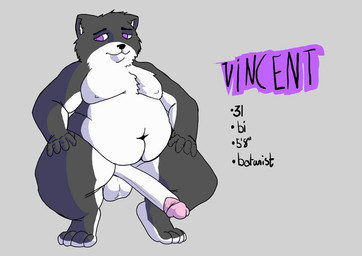 anthro balls big_balls big_penis character_bio crouching erection fur genitals glans long_penis male moobs multicolored_body multicolored_fur navel no_pupils overweight overweight_male penis purple_eyes simple_background solo stylized_text text thick_thighs two_tone_body two_tone_fur mementomoriye vincent_(mementomoriye) felid feline mammal cel_shading character_name english_text shaded