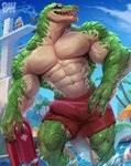 abs absurd_res anthro balls biceps biped black_claws bulge claws clothed clothing cloud crocodile crocodilian crocodylid detailed_background detailed_bulge dripping eyewear finger_claws foreskin fur genital_outline genitals glans goggles green_body green_scales hand_on_leg hand_on_object hand_on_thigh hi_res league_of_legends lifeguard logo male muscular muscular_anthro muscular_arms muscular_male muscular_thighs navel open_mouth outside palm_tree partially_submerged pecs penis penis_outline physen plant pool_toy red_clothing red_glans red_swimming_trunks red_swimwear renekton rengar_(lol) reptile riot_games scales scalie sky solo standing standing_in_water swimming_pool swimming_trunks swimwear tan_body tan_scales teemo_(lol) teeth tencent tenting tongue topless tree umbrella vein veiny_muscles veiny_penis water white_body white_fur zac_(lol)