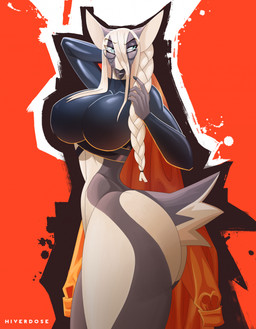 anthro belly big_breasts big_butt black_nose blonde_hair blue_eyes bottomless braided_hair breasts butt clothed clothing countershade_belly countershade_butt countershade_legs countershade_thighs countershading ears_up eyewear female fingers fluffy fluffy_tail fur glasses glistening glistening_clothing grey_body grey_fur hair hair_on_breasts high_collar holding_clothing holding_hair holding_object hooved_fingers hooves long_hair long_sleeves looking_aside orange_background platinum_blonde pointy_ears rim_light scut_tail short_tail simple_background smile solo tail thick_thighs tight_clothing topwear topwear_only touching_hair wearing_glasses white_body white_fur hiverdose sahra_(hiverdose) deer mammal digital_media_(artwork) hi_res
