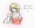 5_fingers anthro areola_outline big_breasts black_eyebrows black_text blonde_hair blue_eyes breasts cleavage clothed clothed_anthro clothed_female clothing curly_hair dialogue ears_down eyebrows eyelashes female female_anthro fingers fluffy fluffy_tail fur gesture hair hand_gesture lips markings mole_(marking) nipple_outline partial_speech_bubble pink_clothing pink_lips pink_nose pink_shirt pink_topwear pivoted_ears pointing pointing_at_self pupils ruff shirt snout solo tail teeth text topwear white_body white_ears white_fur white_tail meowmere domestic_cat felid feline felis mammal bust_portrait english_text hi_res portrait