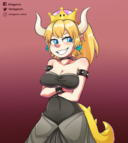 alternate_species animal_tail big_breasts black_clothing black_dress blonde_hair blue_eyes blush bracelet breasts cleavage clothed clothing collar crossgender crown dress ear_piercing eyelashes female front_view hair headgear horn humanoid_pointy_ears jewelry piercing pink_background pointy_ears ponytail scales short_hair simple_background smile studded_bracelet studded_collar studded_jewelry studs super_crown tail tan_body tan_horn tan_skin wide_hips yellow_body yellow_scales briggman bowsette_meme mario_bros nintendo bowser horned_humanoid humanoid tailed_humanoid hi_res meme