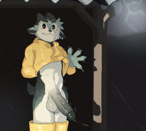 4_fingers anthro balls belly big_balls big_butt big_penis black_body black_eyes black_fur black_horn black_nose black_tail bodily_fluids boots bottomless bottomless_anthro bottomless_male bus_stop butt closed_smile clothed clothing coat darkened_balls darkened_genitalia darkened_penis detailed_background dripping ear_piercing erection fingers floppy_ears footwear front_view fur genital_fluids genitals gesture glans glistening glistening_balls glistening_belly glistening_body glistening_eyes glistening_genitalia glistening_glans glistening_penis glistening_skin glistening_thighs grey_balls grey_body grey_fur grey_penis horn huge_penis humanoid_genitalia humanoid_penis male mouth_closed multicolored_body multicolored_fur navel nude penile penis piercing precum precum_drip precum_string public public_nudity rainboots raincoat raining raised_clothing raised_topwear shoes slim_anthro smile solo standing tail text thick_thighs topwear waving waving_at_viewer wet wet_body wet_fur white_body white_fur white_sclera yellow_boots yellow_clothing yellow_footwear yellow_topwear meatshaq bovid caprine goat mammal 2026 artist_name colored digital_drawing_(artwork) digital_media_(artwork) english_text hi_res shaded signature