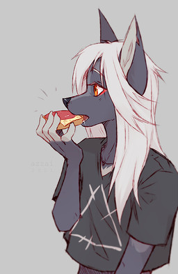 anthro black_clothing black_crop_top black_nose black_shirt black_topwear clothing crop_top eating eating_food eating_sandwich eyebrows eyelashes female food fur grey_background grey_body grey_fur grey_markings hair holding_food holding_object holding_sandwich long_hair markings open_mouth orange_eyes sandwich_(food) shirt simple_background snout solo topwear white_eyebrows white_eyelashes white_hair azzai canid canine fox mammal red_fox silver_fox true_fox 2021 colored digital_drawing_(artwork) digital_media_(artwork) half-length_portrait portrait shaded simple_shading
