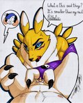 anthro bandai_namco big_breasts biped black_nipples black_outline black_sclera blue_eyes breasts canid claws clothing digimon digimon_(species) dominant duo english_text female fur genitals hi_res humiliation intersex intersex/male intimidation male mammal micropenis mouse murid murine muscular muscular_anthro muscular_female nipples nude outline penis penis_humiliation pink_penis renamon rodent rotten_owl signature simple_background small_penis small_penis_humiliation text traditional_media_(artwork) white_body