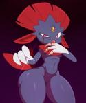 2015 anthro blood bodily_fluids bottom_heavy breasts female generation_4_pokemon genitals hi_res innie_pussy mammal mustelid navel nintendo nude pokemon pokemon_(species) pussy simple_background small_waist solo sssonic2 thick_thighs under_boob weavile wide_hipped_female wide_hips