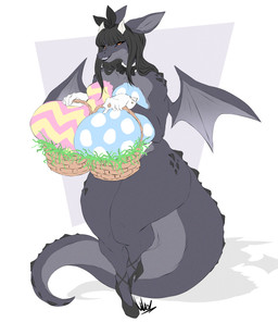 anthro basket big_breasts black_body black_scales bodypaint bow_tie breasts clothing container easter_basket easter_breasts female footwear gloves hair handwear high_heels holidays horn huge_breasts long_hair non-mammal_breasts painted_breasts scales shoes solo tail thick_thighs white_clothing white_gloves white_handwear wide_hips wings yellow_eyes dullvivid easter mythology cheeze dragon mythological_creature mythological_scalie scalie absurd_res hi_res