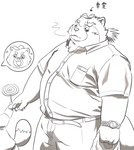 2021 absurd_res anthro bottomwear canid canine child clothing duo gyobu's_underlings gyobu_(tas) hand_holding hi_res hon55728 humanoid_hands kemono leaf lifewonders male mammal monochrome overweight overweight_male pants raccoon_dog scar shirt simple_background tanuki tired tokyo_afterschool_summoners topwear white_background young