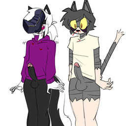 anthro balls biped black_body black_fur blood bodily_fluids clothing dipstick_tail duo erect_tail erection fur fur_markings genitals gloves_(marking) grey_body grey_fur grey_hair hair hoodie male markings multicolored_body multicolored_fur nosebleed object_on_face orange_eyes penis purple_clothing purple_hoodie purple_topwear shirt simple_background tail tail_markings topwear white_background white_body white_fur white_hair white_tail_tip yellow_sclera kimberco collin_(kimberco) solomon_(kimberco) domestic_cat felid feline felis mammal mephitid skunk 1:1 2023 hi_res