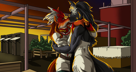ambiguous_gender anthro barrel braided_hair chair clothed clothing duo furniture hair hands_around_neck hands_around_waist kissing male mask masquerade_mask plant shrub table tablecloth uniform prodigyduck paizo pathfinder canid canine fox mammal official_art