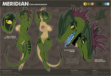 anthro big_breasts blue_tongue bone_frill breasts facial_piercing female frill_(anatomy) genitals green_body green_scales nipples non-mammal_breasts non-mammal_nipples nose_piercing nose_ring nude nude_anthro nude_female piercing pupils ring_piercing scales sharp_teeth slit_pupils solo teeth text tongue tongue_out vulva yellow_eyes possb0x meridian_(possb0x) dilophosaurid dilophosaurus dinosaur prehistoric_species reptile saurischian scalie theropod english_text hi_res letterbox model_sheet