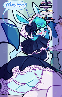 anthro big_butt blue_bow blue_clothing blue_dress blue_eyes blue_nose blue_sclera blush blush_lines bodily_fluids breasts butt clothed clothing dialogue dipstick_tail dress eyelashes female gloves_(marking) legwear looking_at_viewer looking_back looking_back_at_viewer maid_headdress maid_uniform markings open_mouth panties purple_clothing purple_legwear purple_panties purple_stockings purple_underwear solo speech_bubble stockings sweat sweatdrop tail tail_markings text thick_thighs underwear uniform upskirt wide_hips clamlynn nintendo pokemon eeveelution generation_4_pokemon glaceon pokemon_(species) hi_res