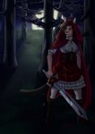 anthro blood bodily_fluids clothed clothing detailed_background dress female forest hair melee_weapon moon night outside plant solo sword tree weapon leonarockera fairy_tales little_red_riding_hood_(copyright) little_red_riding_hood moira_(casitoarroyo) domestic_cat felid feline felis mammal absurd_res hi_res