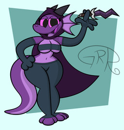 anthro breasts chest_wraps cleavage cloak clothed clothing crossgender dagger female frill_(anatomy) gloves handwear holding_object holding_weapon hood hooded_cloak horn leggings legwear medium_breasts melee_weapon membrane_(anatomy) membranous_frill navel non-mammal_breasts non-mammal_navel pink_eyes purple_body sassy solo standing tail thick_thighs tight_clothing tongue under_boob weapon wide_hips wraps conditional_dnp sr-g plum_(plumbold) kobold lizard reptile scalie 2026 digital_media_(artwork) hi_res
