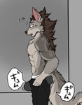 anthro bottomwear boxers_(clothing) bulge chest_tuft clothed clothing clothing_lift fluffy fur grey_body grey_fur hair long_hair looking_down male muscular muscular_anthro muscular_male pants red_eyes side_view solo tuft underwear logan_silver tight_pants_(meme) canid canine canis mammal wolf hi_res meme