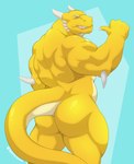 anthro back_muscles big_butt blue_background blue_eyes butt horn male muscular muscular_anthro muscular_male nude scales simple_background solo tail teeth yellow_body yellow_scales tylerstark european_mythology mythology draganta dragon mythological_creature mythological_scalie scalie western_dragon wingless_dragon hi_res