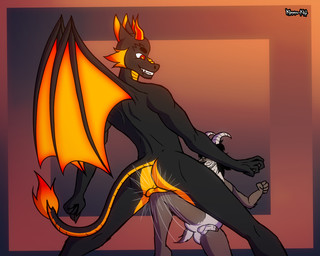 anthro attack backsack ballbusting balls black_body brown_body butt cock_and_ball_torture crotch_attack duo genital_torture genitals gradient_background horn kicking_balls larger_male male male/male nude pain rear_view sharp_teeth short_tail simple_background size_difference smaller_male smile spread_legs spreading tail teeth voluntary_ballbusting wings kimero_kat mythology crypt_(character) kimero_(kimero_kat) bovid caprine dragon mammal mythological_creature mythological_scalie scalie winged_dragon hi_res