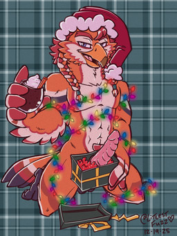 4_toes 5_fingers abs anisodactyl anthro beak biped blue_eyes box braided_hair brown_body brown_feathers christmas_clothing christmas_decorations christmas_headwear christmas_lights cinnamon_(spice) clothing container dairy_products dick_in_a_box erection feather_hands feathers feet fingers food genitals gift_box hair hat headgear headwear holding_box holding_container holding_glass holding_object holidays inviting kneeling lidded_eyes looking_at_viewer male open_beak open_mouth orange_body orange_feathers pattern_background pecs penis pink_penis plaid plaid_background presenting presenting_penis ridged_penis santa_hat simple_background smile smiling_at_viewer smirk smirking_at_viewer solo tail tail_feathers toes tongue whipped_cream white_body white_feathers littlestfuzz christmas nintendo the_legend_of_zelda zane_(rito) avian rito 2025 absurd_res digital_drawing_(artwork) digital_media_(artwork) hi_res