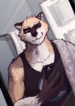 anthro athletic black_clothing black_shirt black_tank_top black_topwear cellphone clothing ear_piercing electronics fluffy fur holding_cellphone holding_object holding_phone holding_smartphone inside looking_at_viewer male mirror_selfie one_eye_closed phone piercing selfie shirt smartphone smile solo standing tank_top topwear wink yellow_body yellow_fur dreff super-nova nick_saunders_(templar) mammal procyonid raccoon 2022 absurd_res colored digital_media_(artwork) hi_res sketch